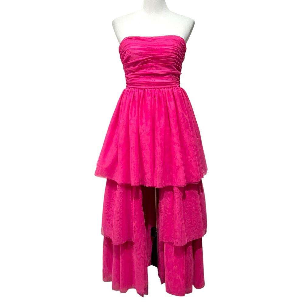 Dear Moon Hot Pink Tulle Strapless Tireded Hi Low Dress Open Lace Up Back Sz 9